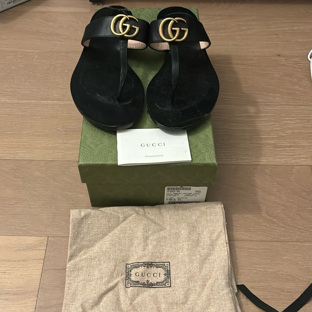 Gucci Marmont GG Logo Black Leather Thong Sandals Size EU 38.5 Flip Flop Slides
